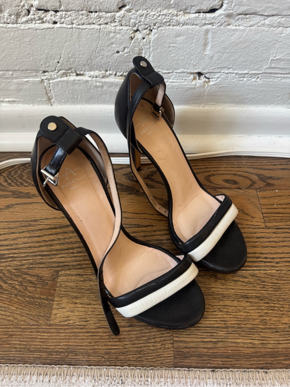 Aquatalia Black and White Leather Ankle-Strap Heels